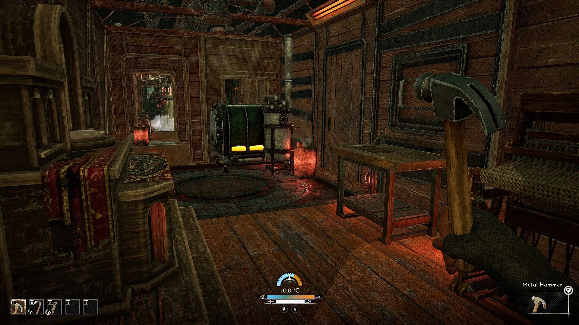 Frostrail: First-person metal hammer view inside a train cabin with stove heat glow and HUD meter.