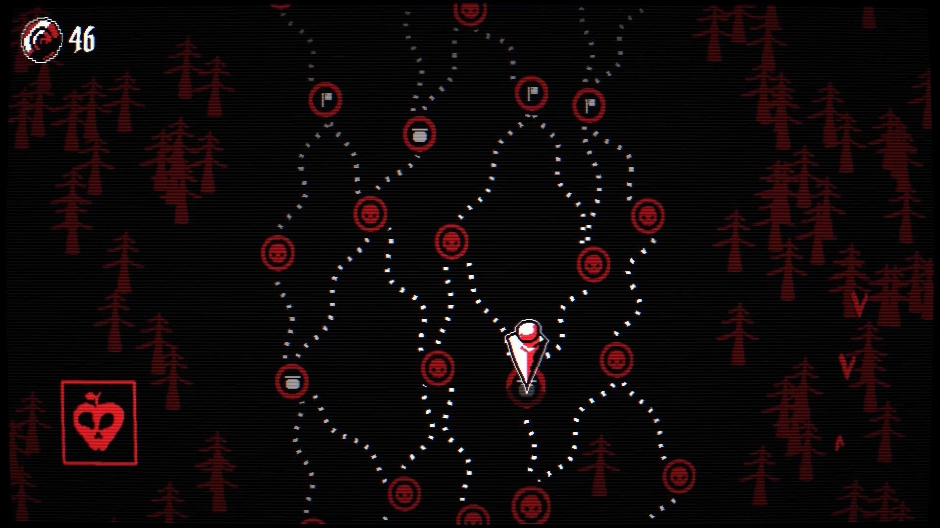 Fruitbearer: Dotted node map with red skull encounters and a white marker in a dark forest UI.
