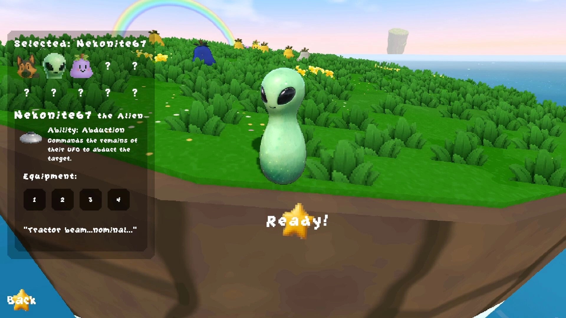 FruitSnoot: Character select highlighting Nekopite67 the Alien on grassy island with Ready prompt.