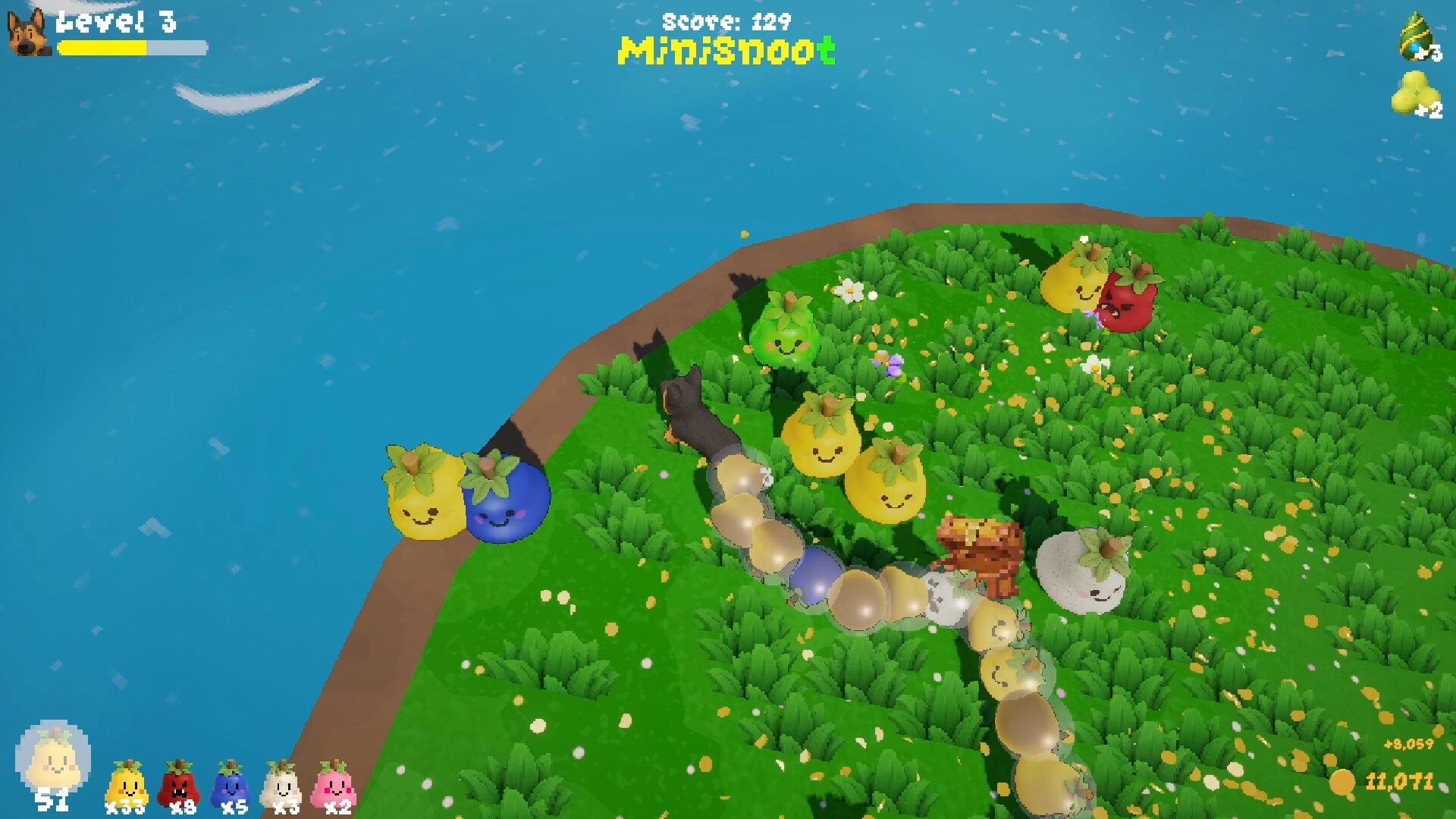 FruitSnoot: Level 3 snake tail collecting smiling fruit on grassy island by water, score 129 UI.