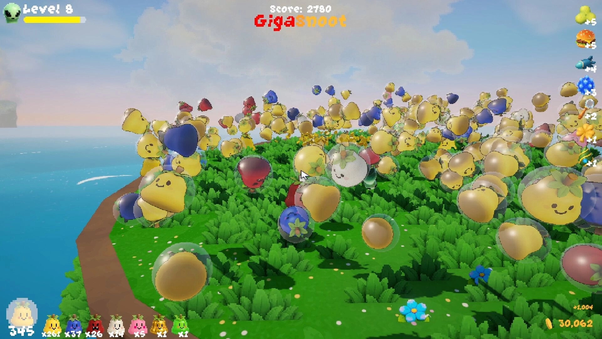 FruitSnoot: GigaSnoot level with huge fruit swarm on grassy cliff, score and item counters on HUD.