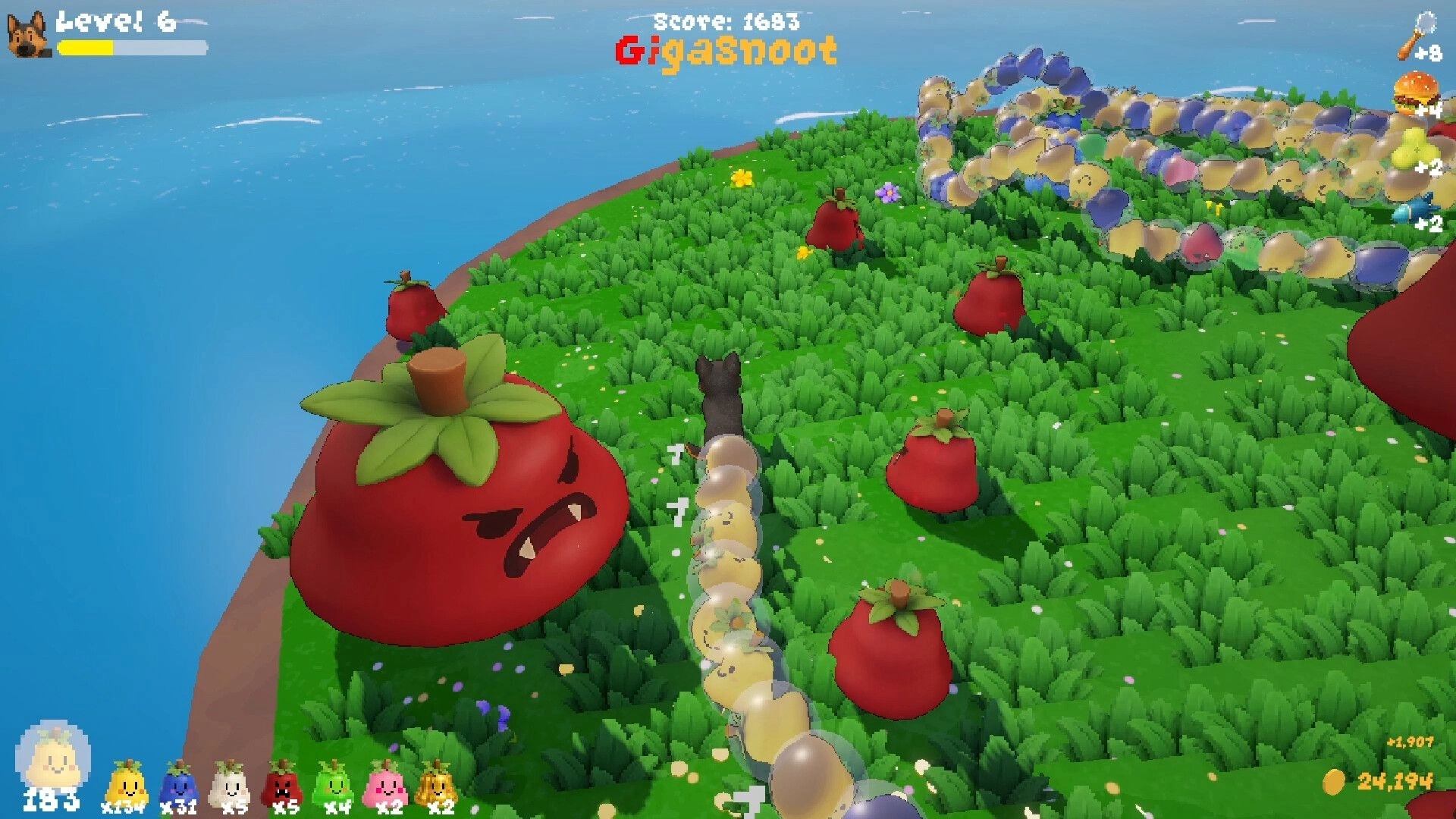 FruitSnoot: Dog with long tail chases giant angry berry on grassy island, Level 6 score UI visible.
