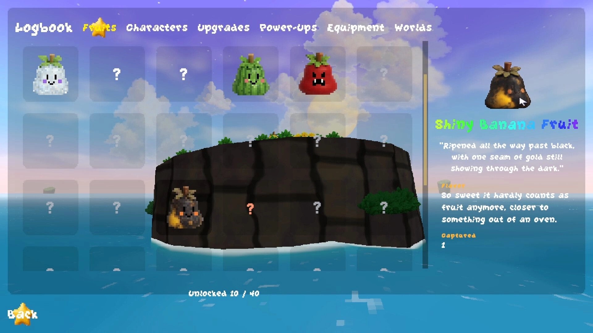 FruitSnoot: Logbook Fruits menu highlighting Shiny Banana Fruit, grid of icons over ocean cliffs.
