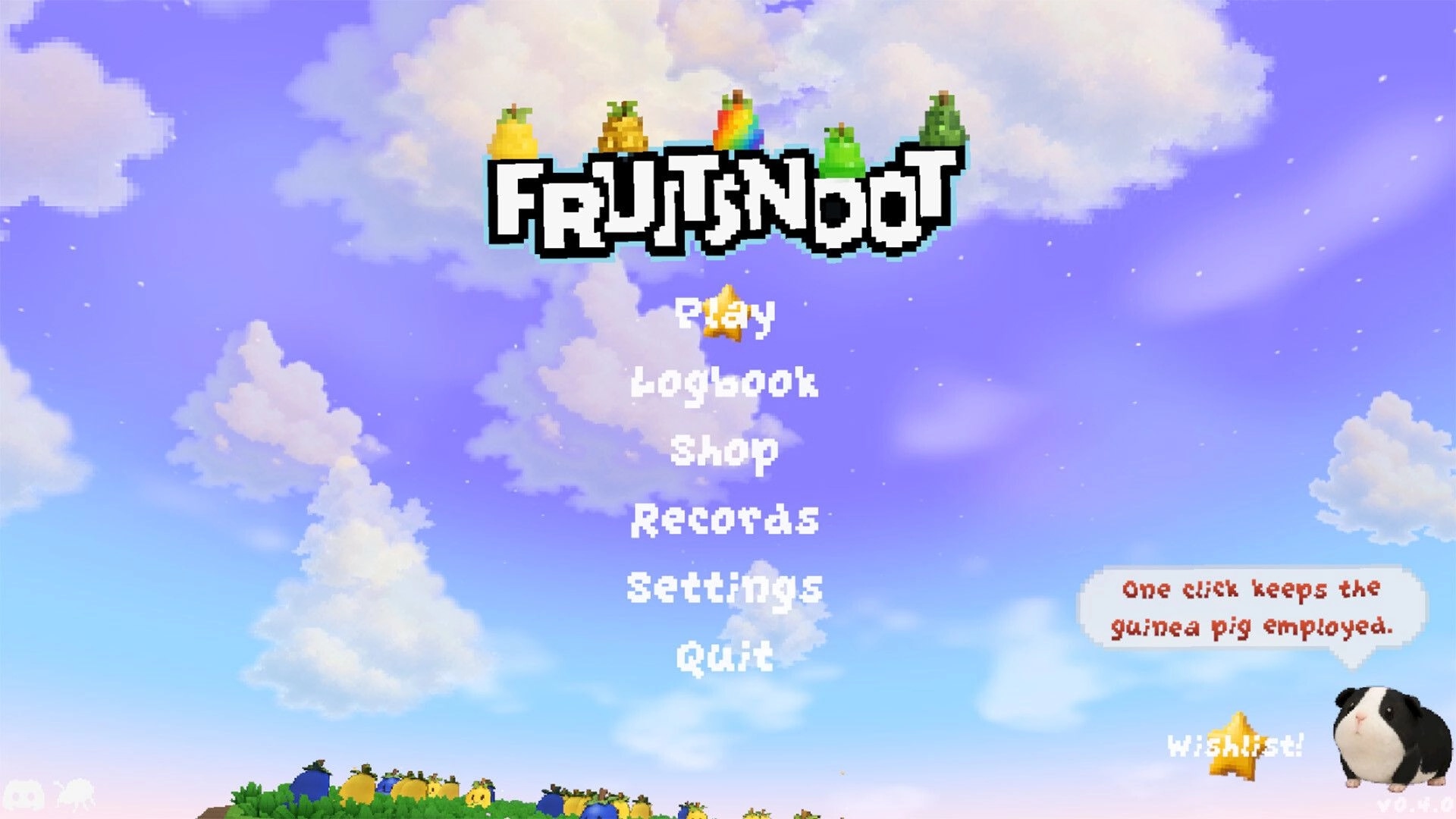 FruitSnoot: Main menu with Play, Logbook, Shop, Records, Settings, Quit over cloudy sky backdrop.