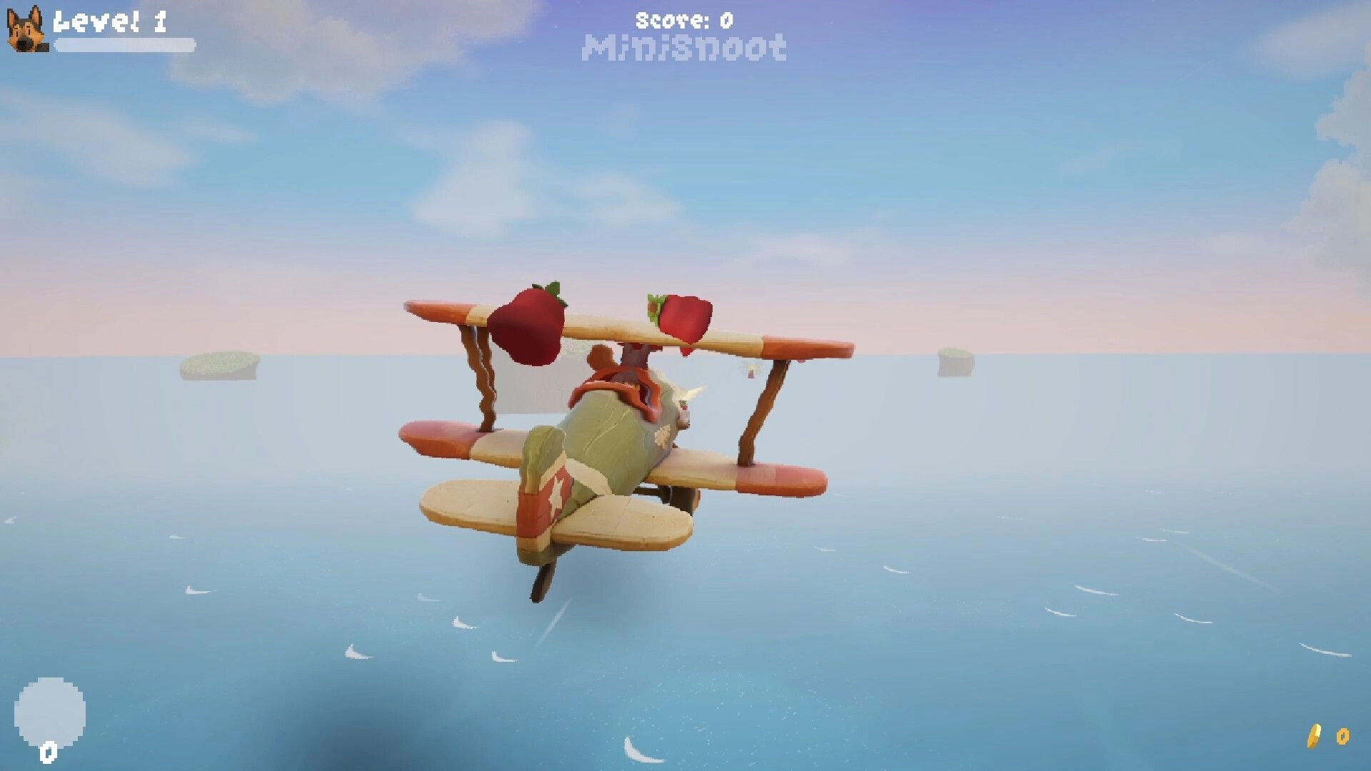 FruitSnoot: Biplane with strawberries on the wings flying over ocean, Level 1 and score UI visible.