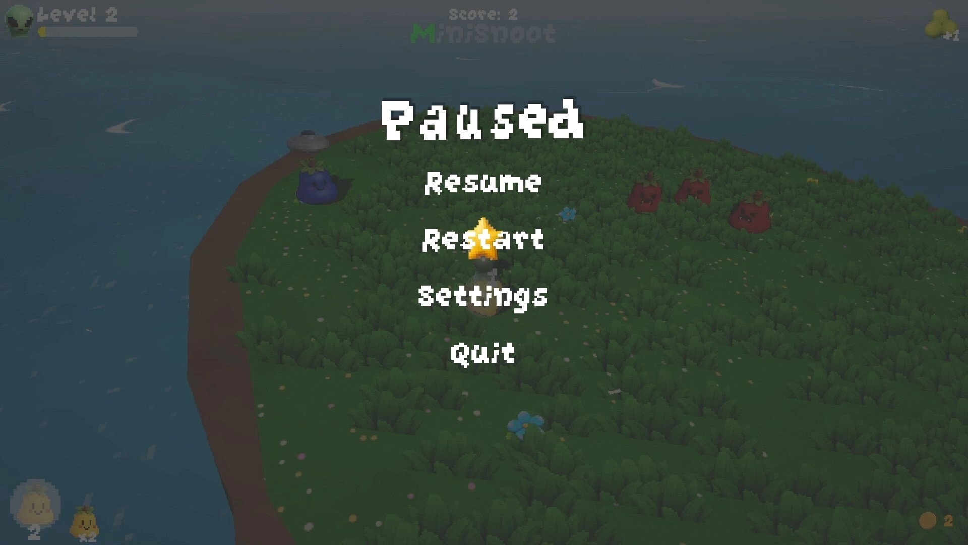 FruitSnoot: Pause menu with Resume, Restart, Settings over grassy island with fruit enemies and sea.