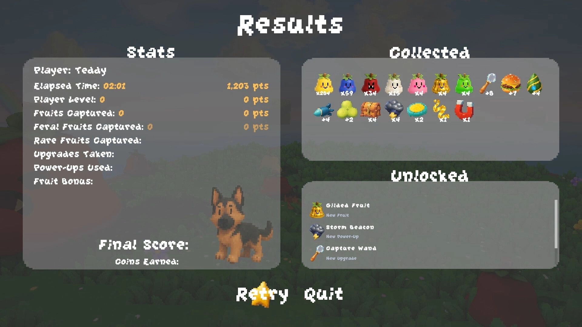 FruitSnoot: Results screen with stats, collected fruit icons, and unlocked items over forest map.