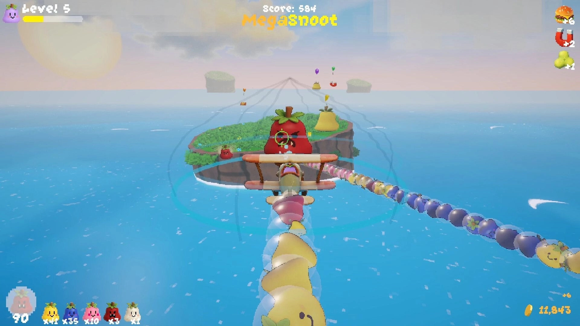 FruitSnoot: Plane with long fruit tail flies toward island targets over ocean, score and level UI visible.