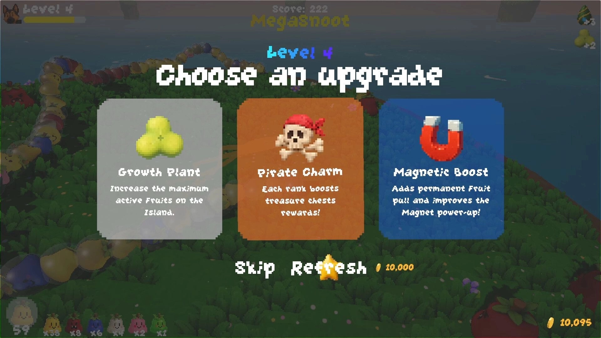 FruitSnoot: Level 4 upgrade menu with Growth Plant, Pirate Charm, Magnetic Boost over island map.