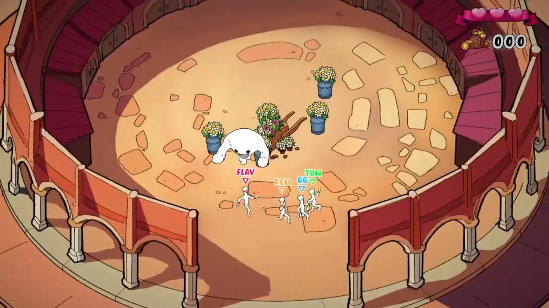 FUFUFU: Four players face a large bear-like creature in a circular arena with flower pots scattered around.