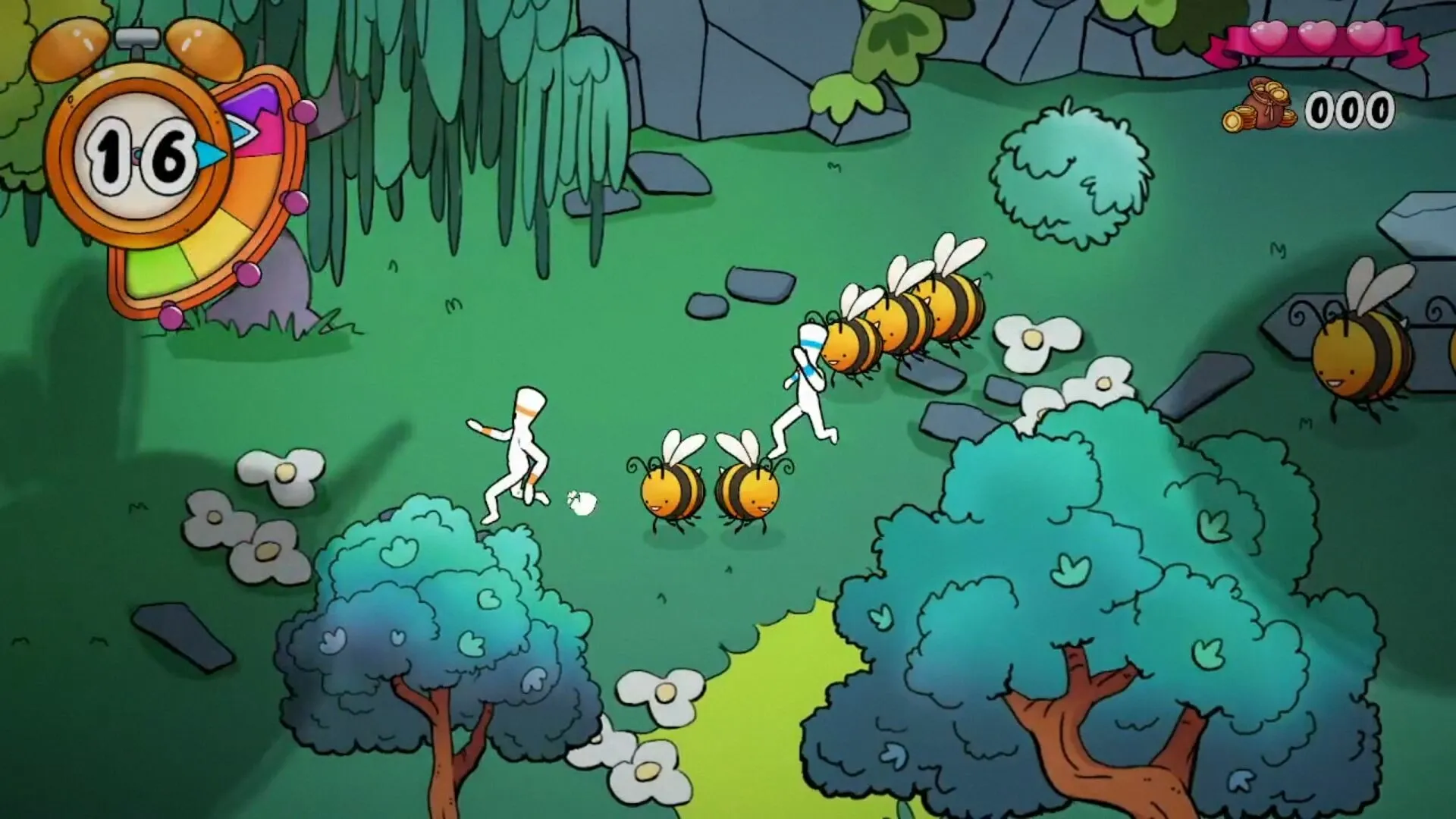 FUFUFU: Two characters chase bees through a cartoon forest, with a timer and score displayed.