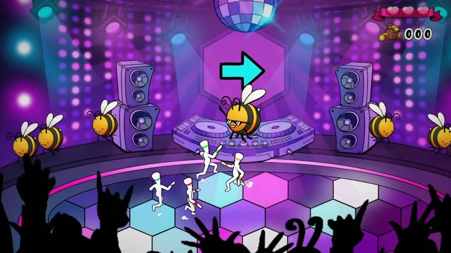 FUFUFU: Dancing stick figures in a vibrant bee-themed disco with DJ bees and lively hexagonal floor.
