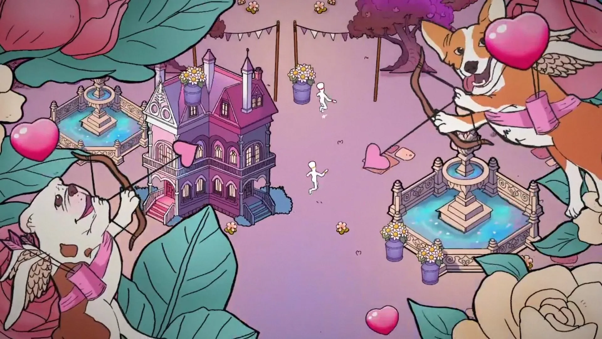 FUFUFU: Cartoon dogs with bows hover over a whimsical park with fountains and a small mansion.