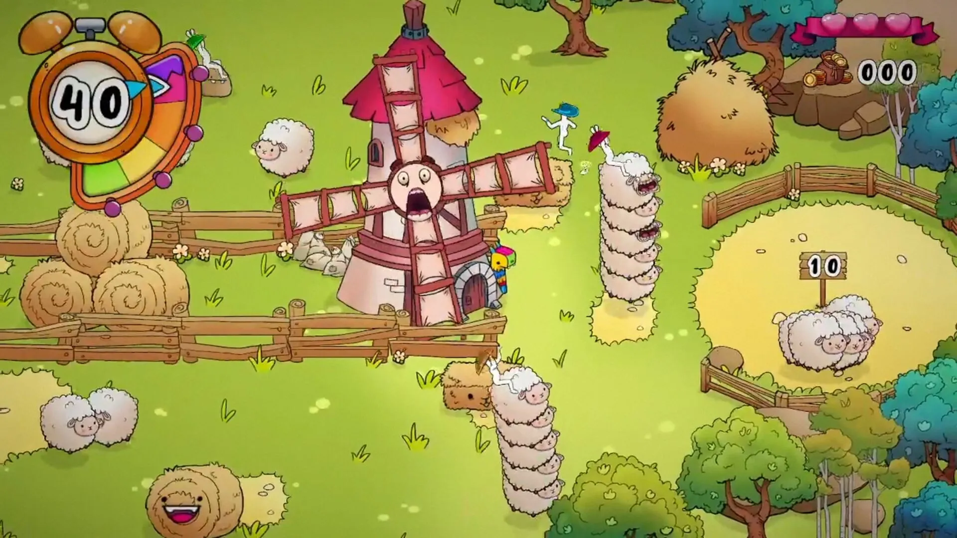 FUFUFU: Sheep stack race near a windmill, timer at 40, with player in colorful outfit in pasture.