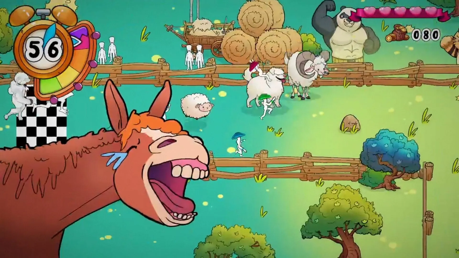 FUFUFU: Sheep racing with mushroom characters, giant horse head, and panda flexing in a farm setting