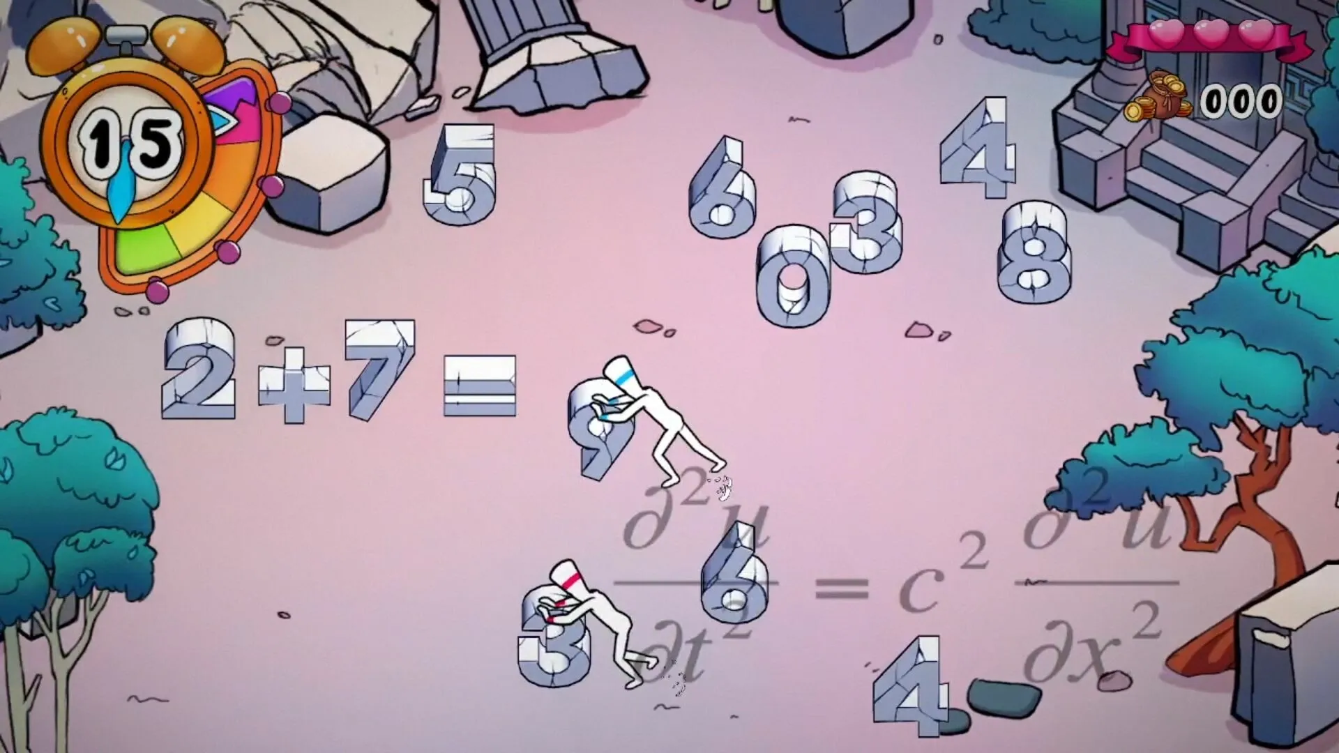 FUFUFU: Two characters push large stone numbers in a cartoon landscape with timer and score HUD elements.