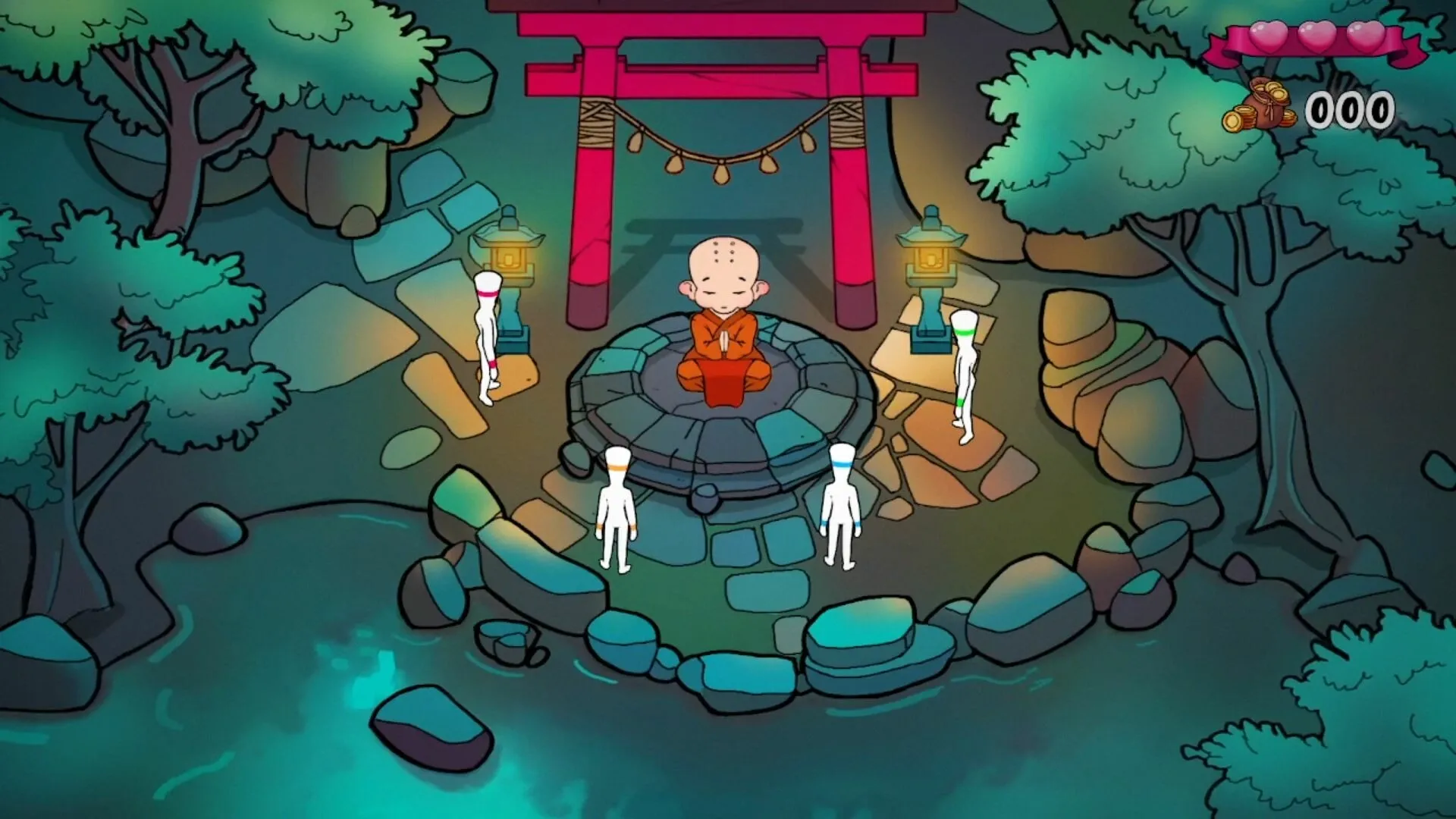 FUFUFU: Four players approach a meditating monk in a serene forest clearing under red torii gates.