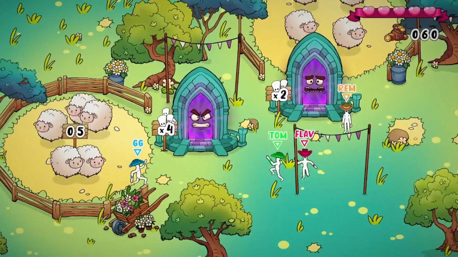 FUFUFU: Characters TOM and FLAV race near sheep pen and mysterious portals in a colorful meadow.