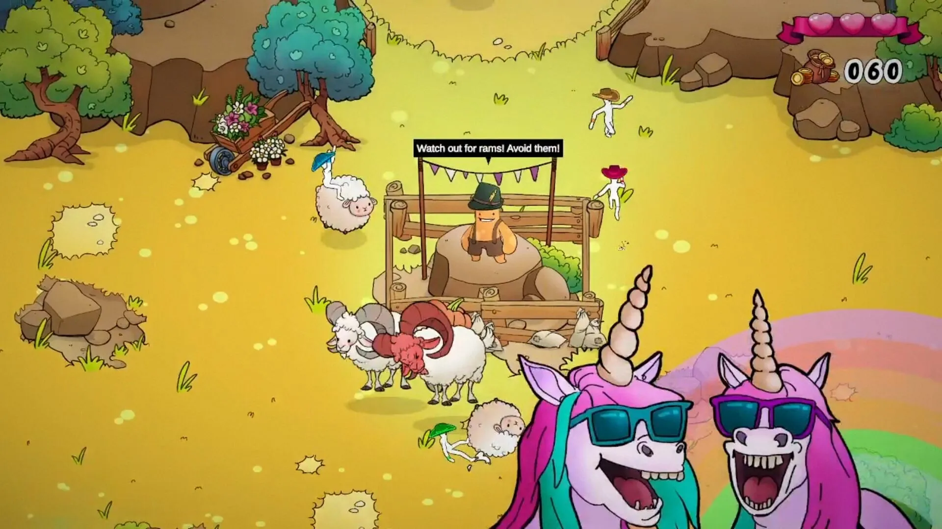 FUFUFU: Characters race through a whimsical field with sheep and unicorns, avoiding rams near a fence.