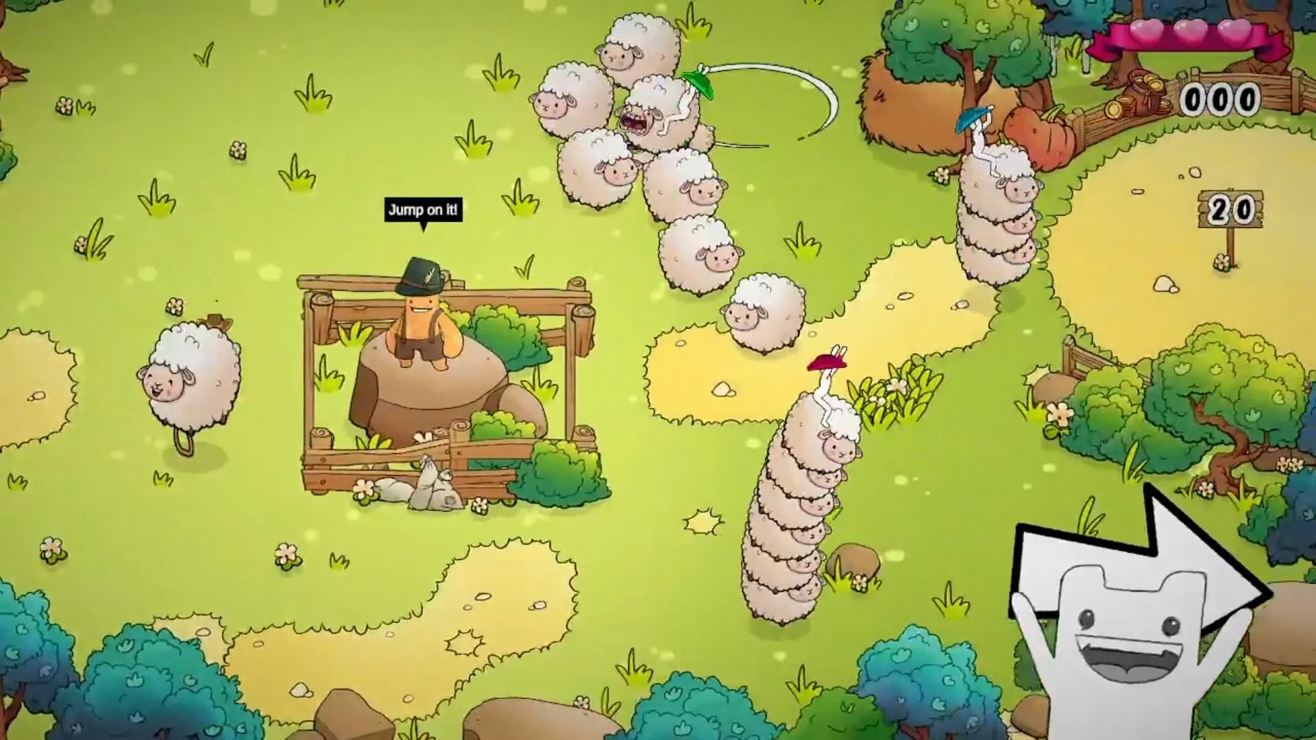 FUFUFU: A character with a hat stands on a rock while sheep stack up, surrounded by a lush forest.
