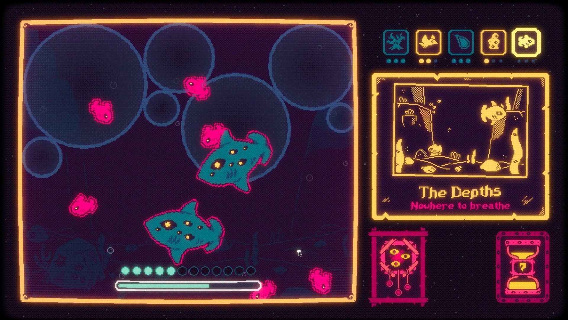 Fugue Shot: Underwater combat with glowing fish and pink foes, stage card for The Depths UI.