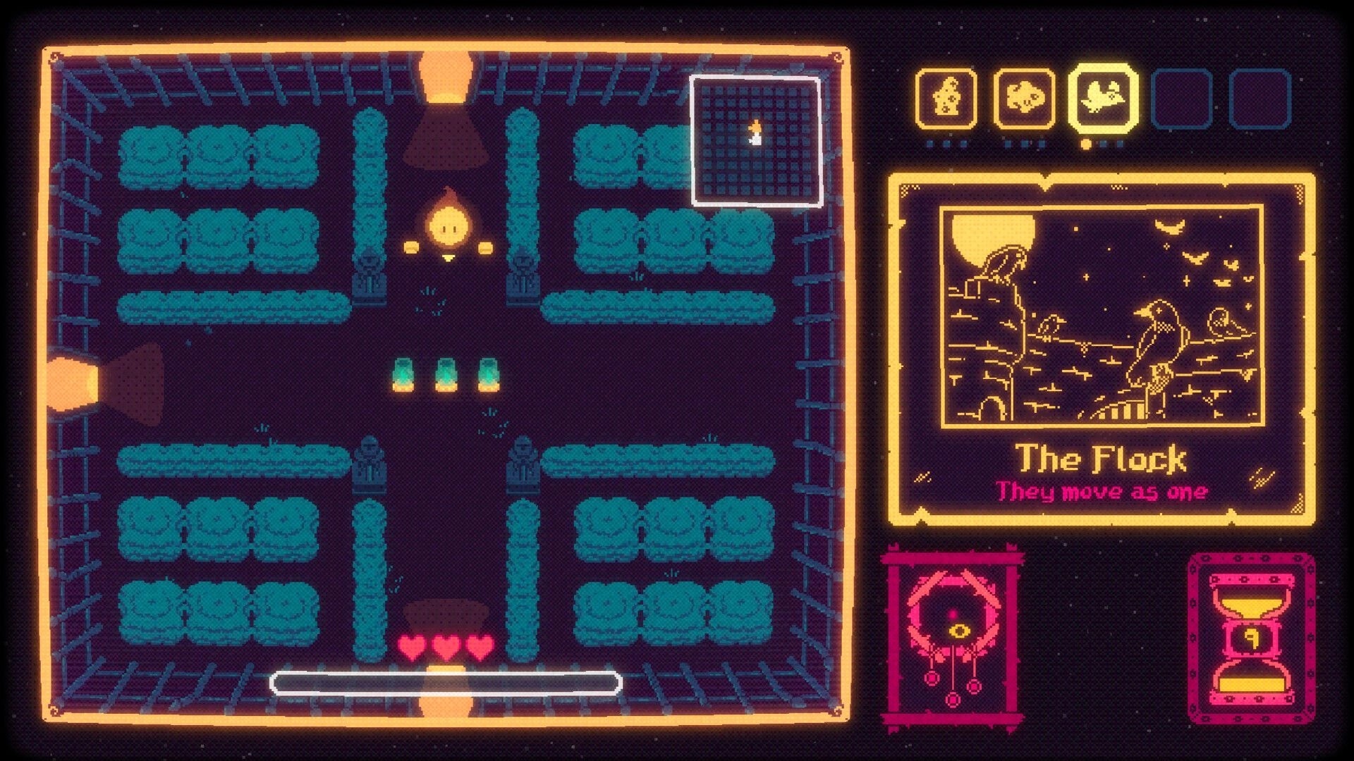 Fugue Shot: Top-down maze room with three hearts and minimap, omen card “The Flock” UI panel.