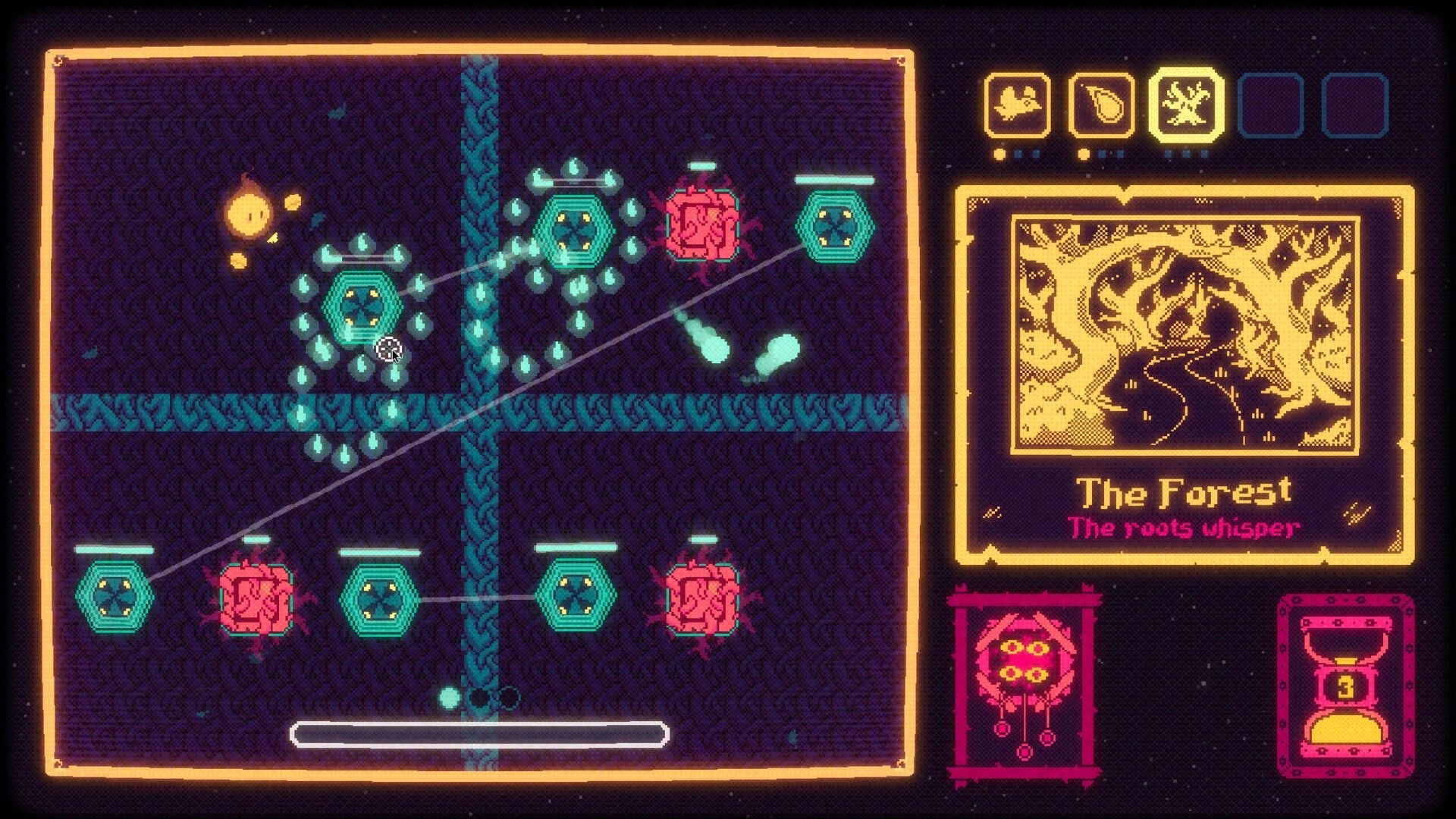 Fugue Shot: Node map puzzle with linked hex nodes and hazards, The Forest card and icons UI panel.