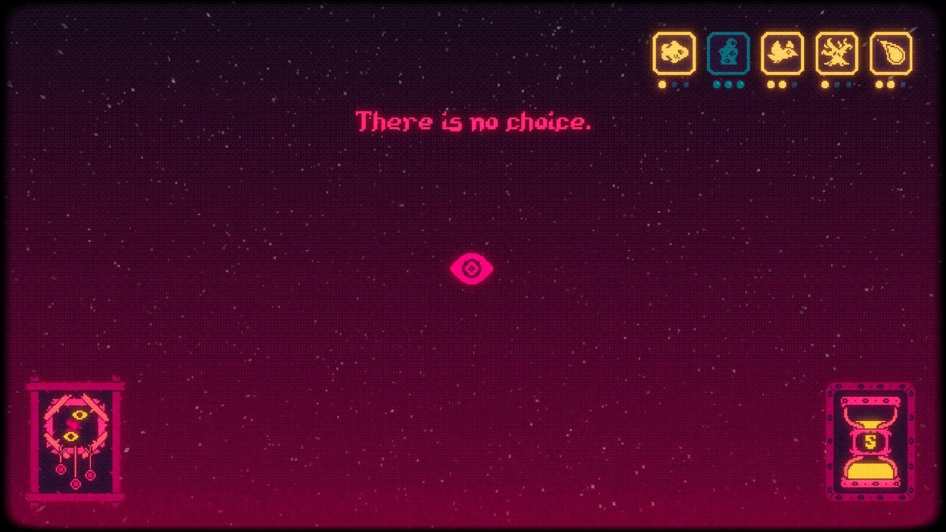 Fugue Shot: Pink eye cursor under “There is no choice.” with omen icons in a starry void.