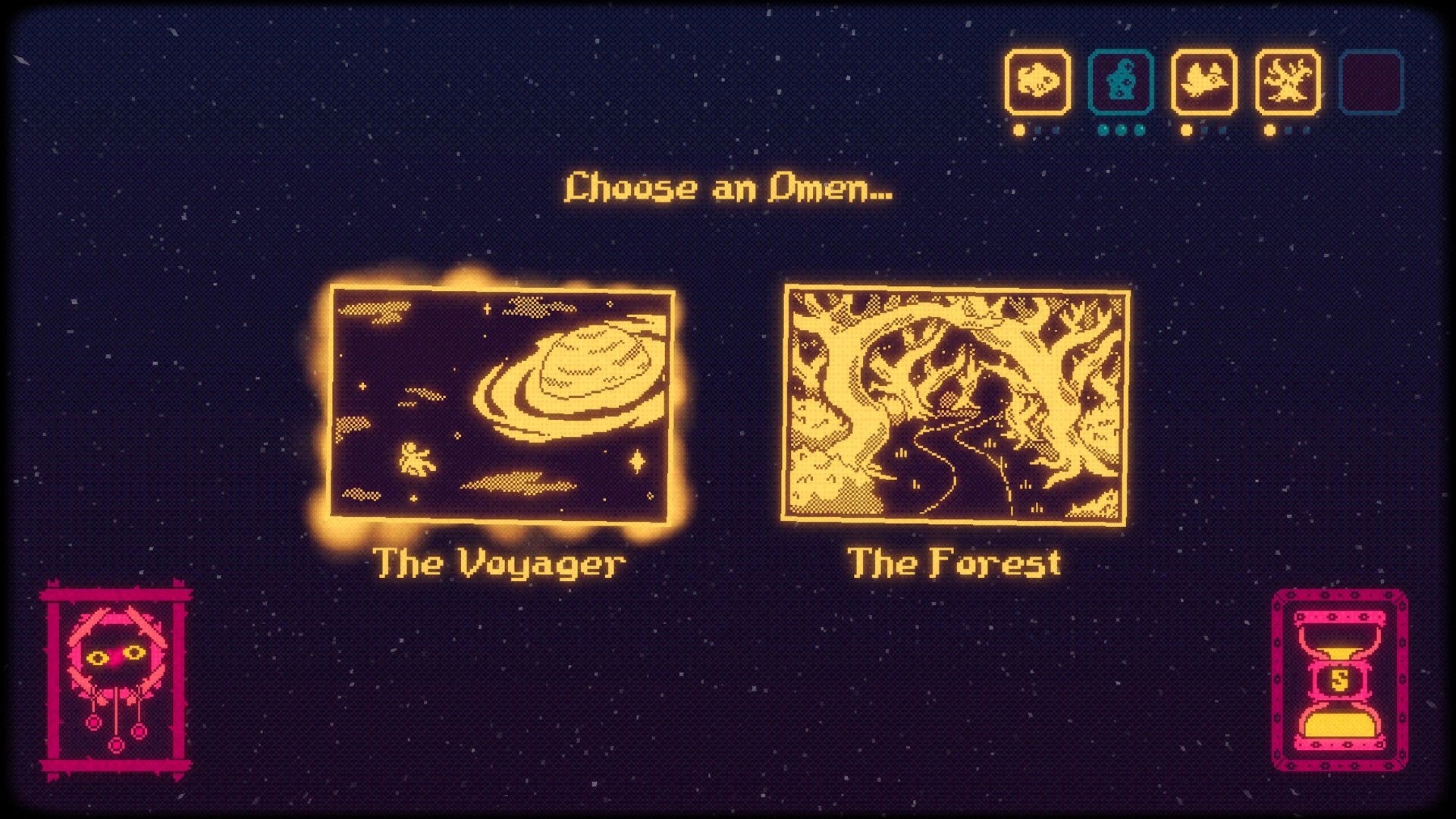 Fugue Shot: Choose an Omen menu highlighting The Voyager and The Forest on a starry backdrop.