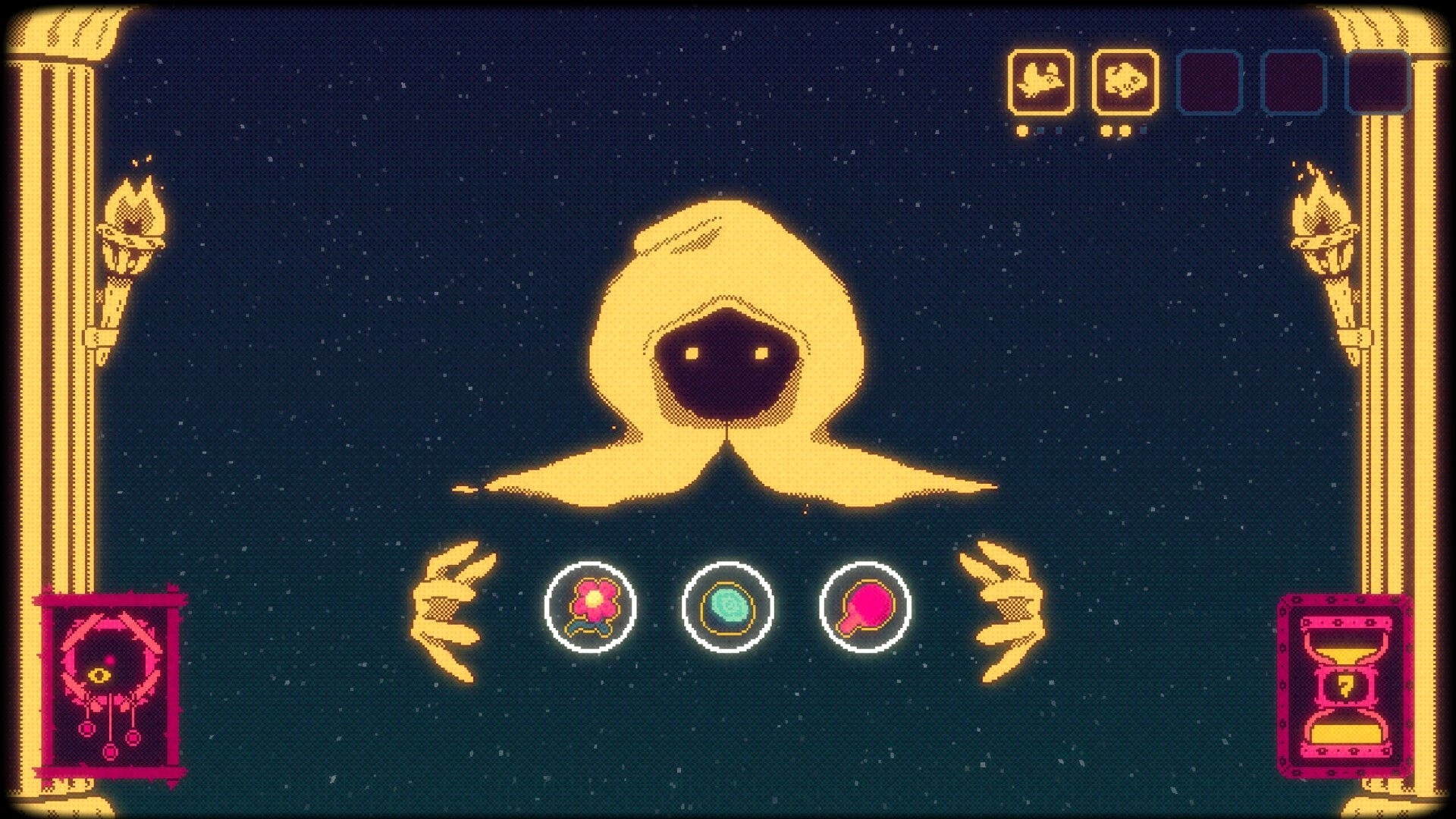 Fugue Shot: Hooded figure with item selection icons and hourglass UI in a starry void room.