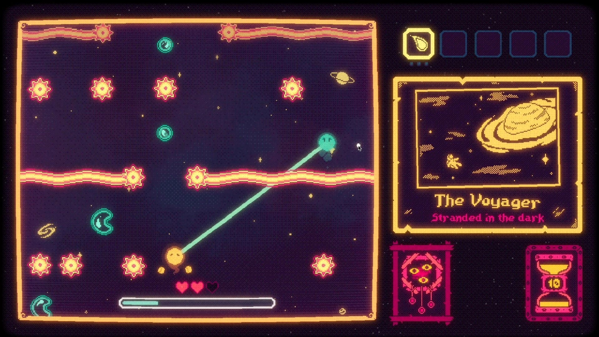 Fugue Shot: Slingshot ball dodging star hazards with hearts and meter UI in neon space arena.