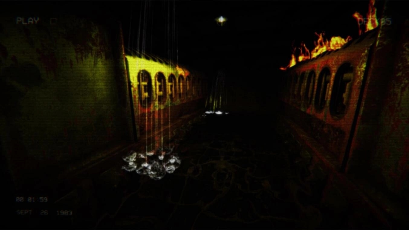 Full Fathom: Dark corridor between burning train cars with dripping water and faint PLAY UI text.