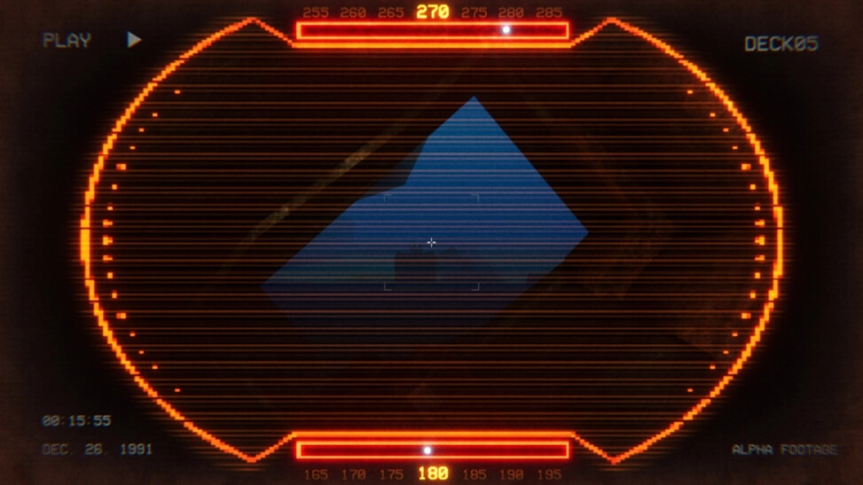 Full Fathom: Sonar-style HUD tracks a blue contact amid scanlines, with bearing scale and DECK05 label.