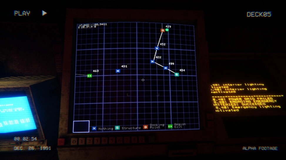 Full Fathom: Navigation map UI with plotted nodes and logs on a dim submarine console, Deck05 screen.