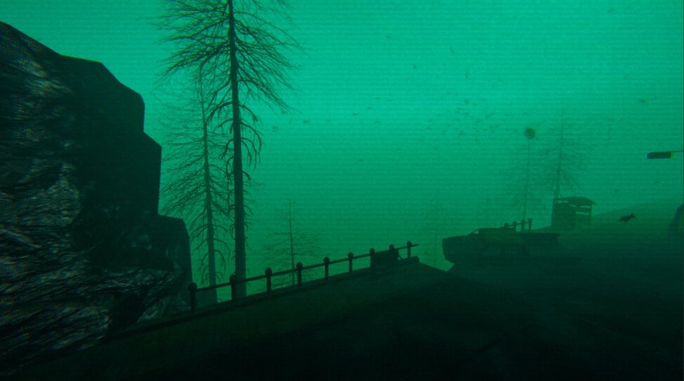 Full Fathom: Submarine silhouette near a railing walkway in murky green water beside rocky cliffs.