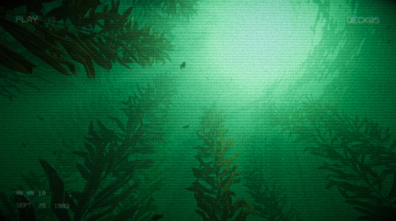 Full Fathom: Murky green underwater view with kelp silhouettes and faint PLAY/DECK05 HUD overlay.