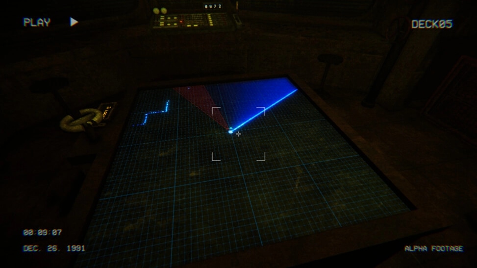 Full Fathom: Navigation radar table with blue sonar sweep and plotted route inside a dark sub deck05 room.