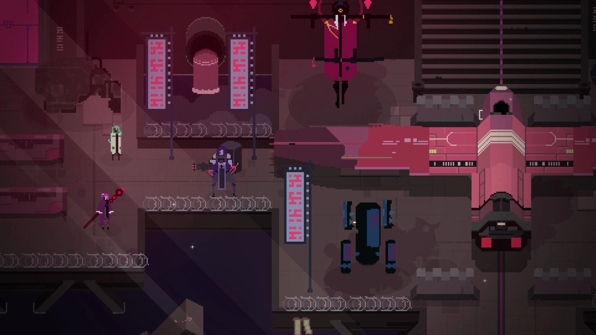 Fully Automated: Characters in a dimly lit industrial area, surrounded by futuristic machinery and signs.