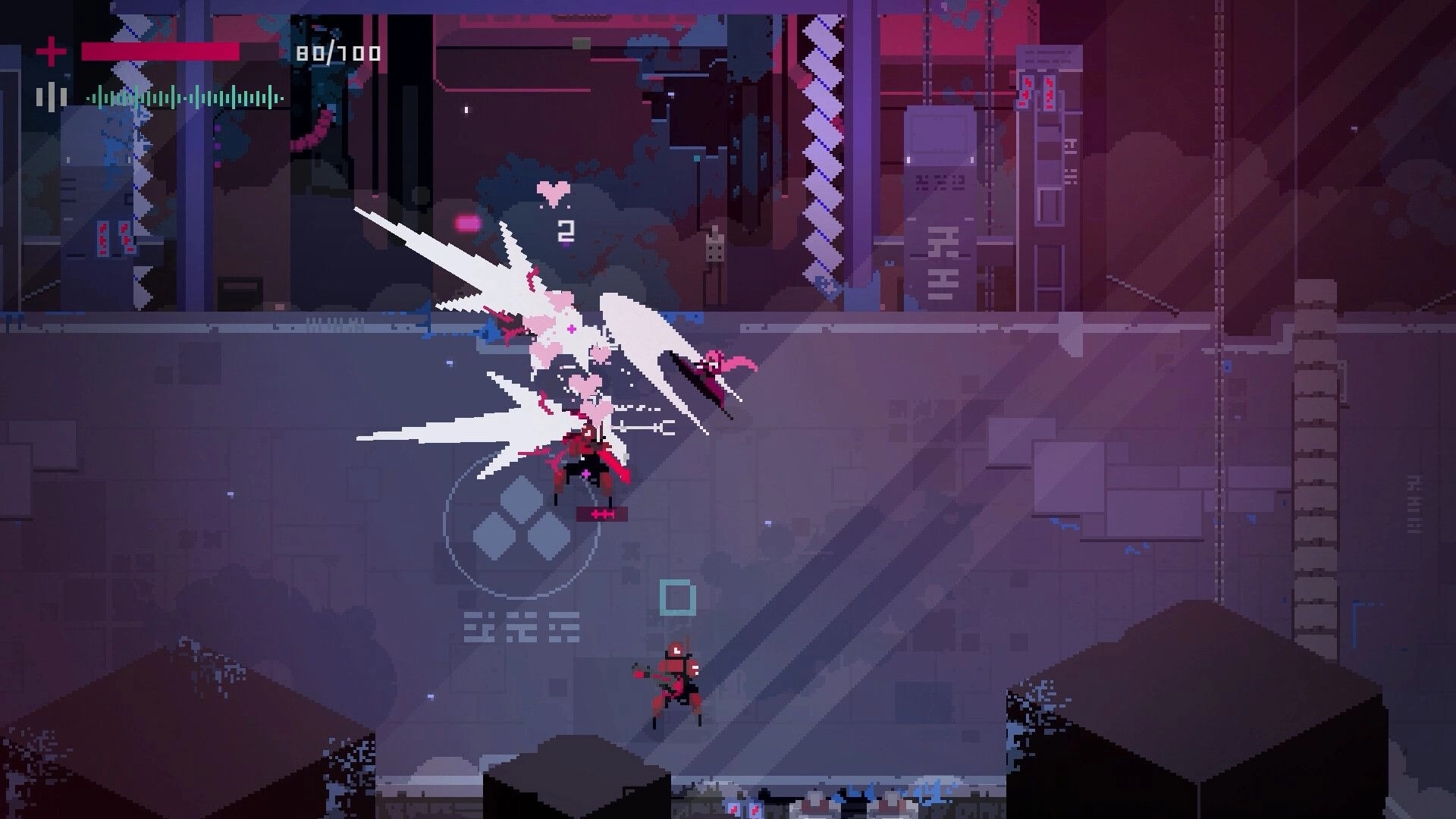 Fully Automated: Player dodges enemy attack in industrial complex with health and stamina bars visible
