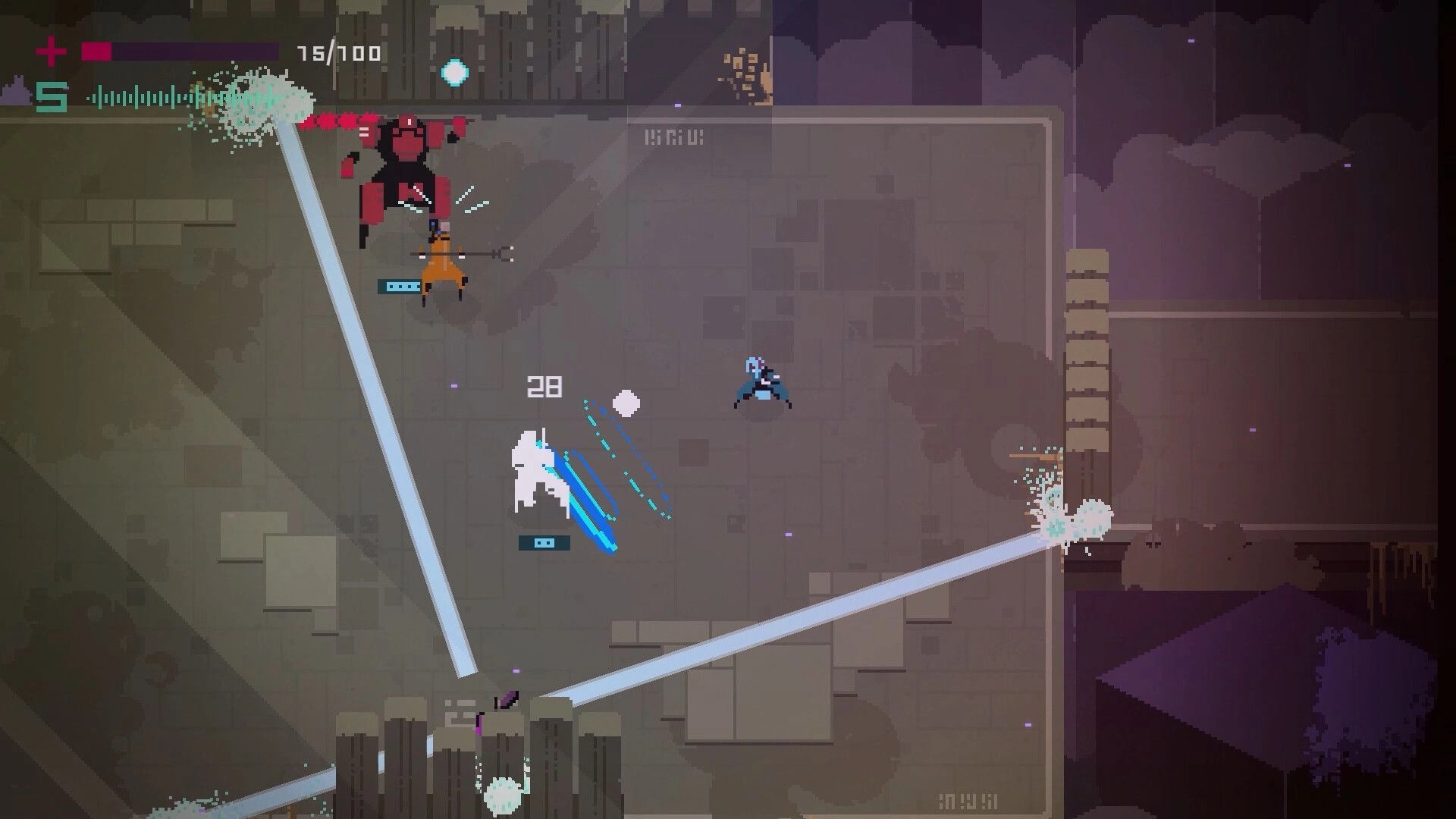 Fully Automated: Intense arena battle with character dodging lasers and enemies in a pixelated map environment