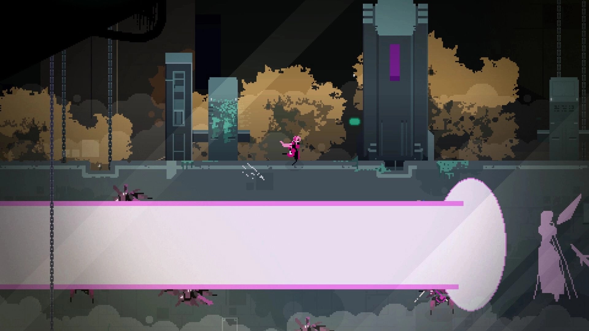 Fully Automated: Character with pink scarf runs through futuristic cityscape with giant text box below