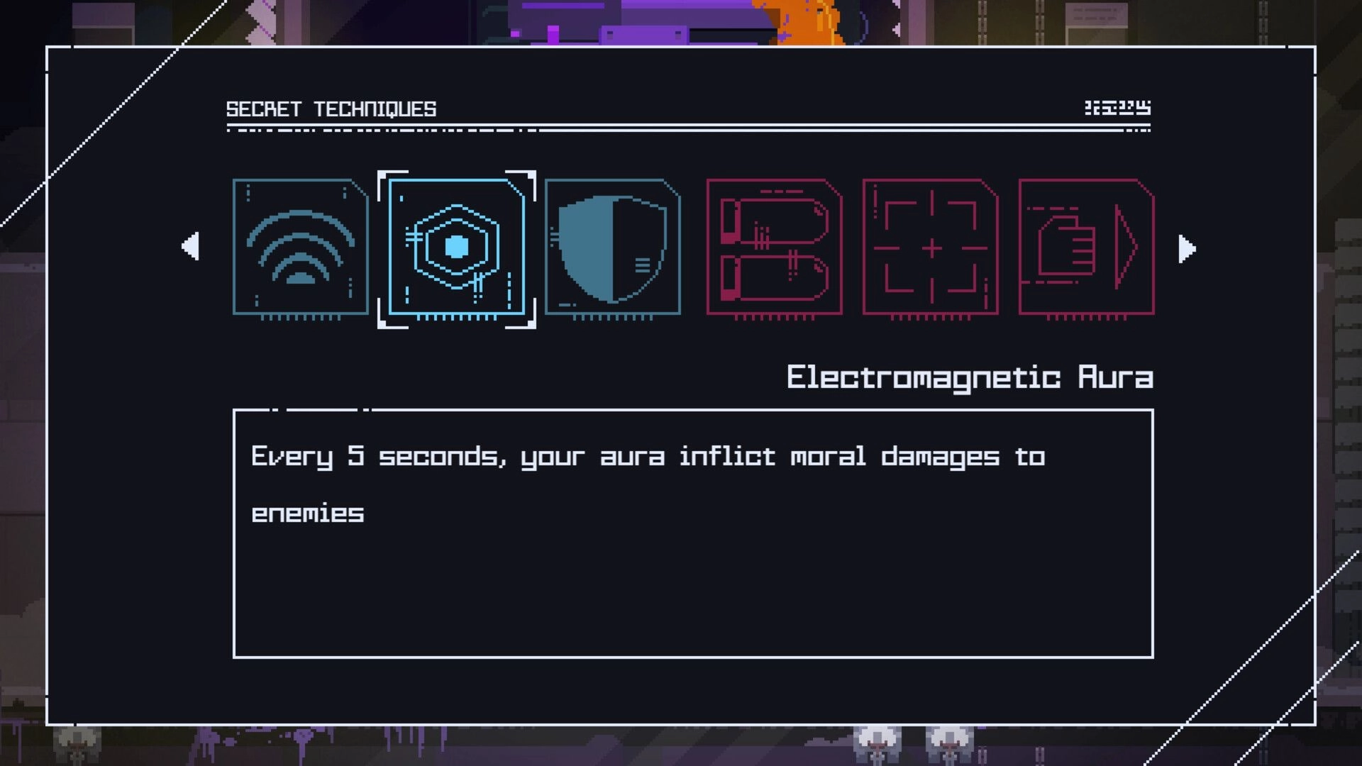 Fully Automated: Selecting "Electromagnetic Aura" from Secret Techniques menu with detailed description