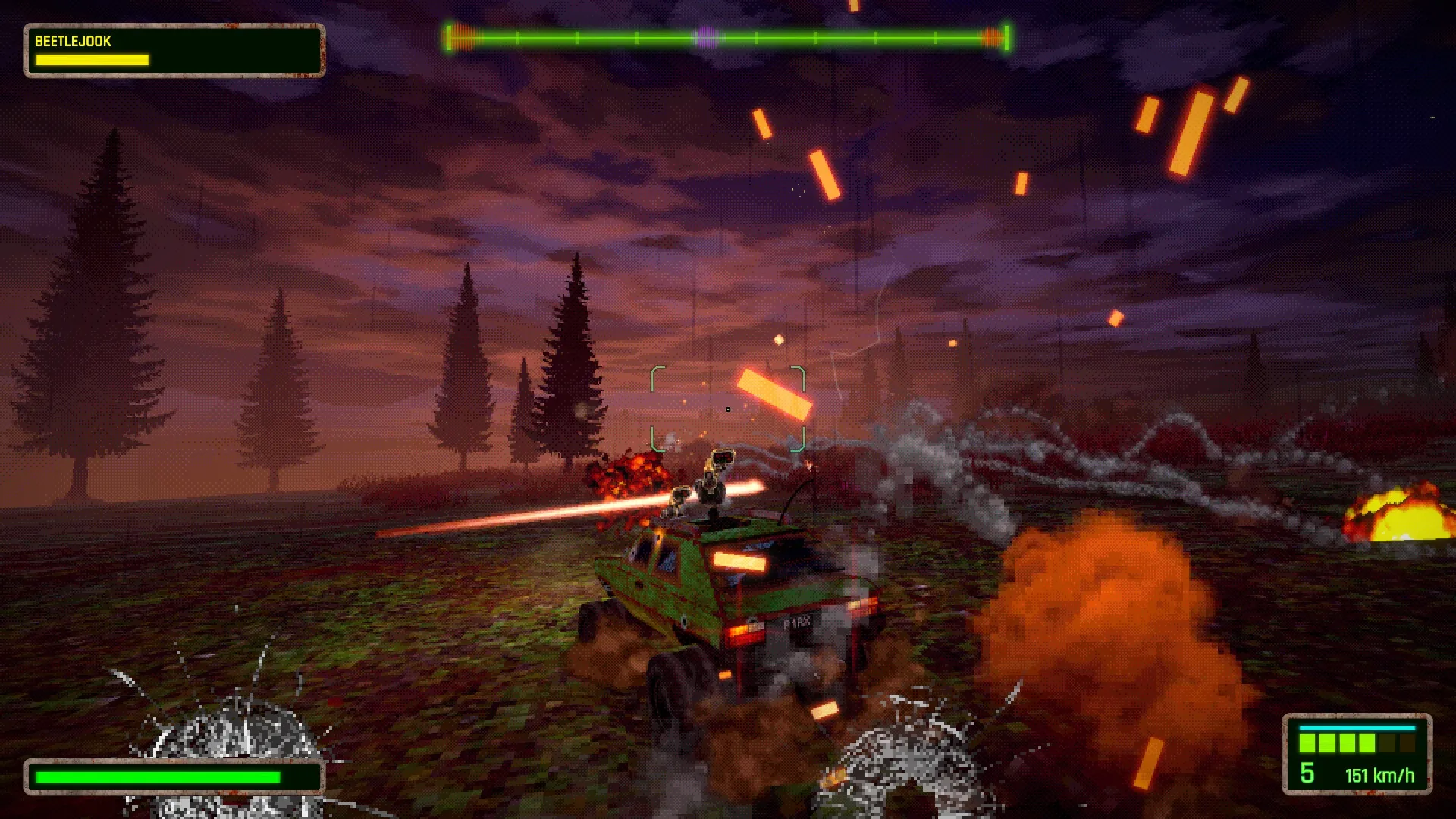 FUMES: Armored car fires weapons at enemies in a dark, tree-filled wasteland with HUD elements visible.