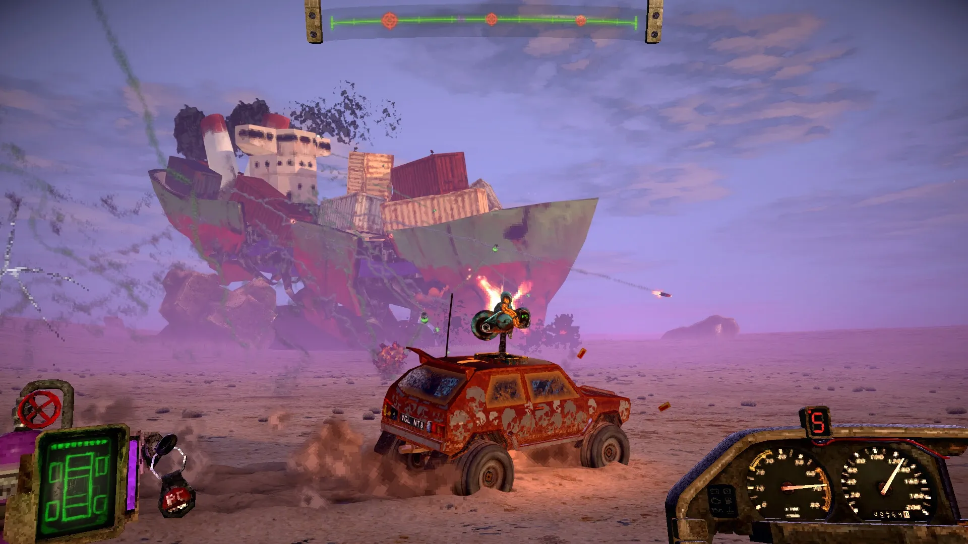 FUMES: Armed car fires at giant mechanical foe in dusty wasteland, with HUD and speedometer visible.