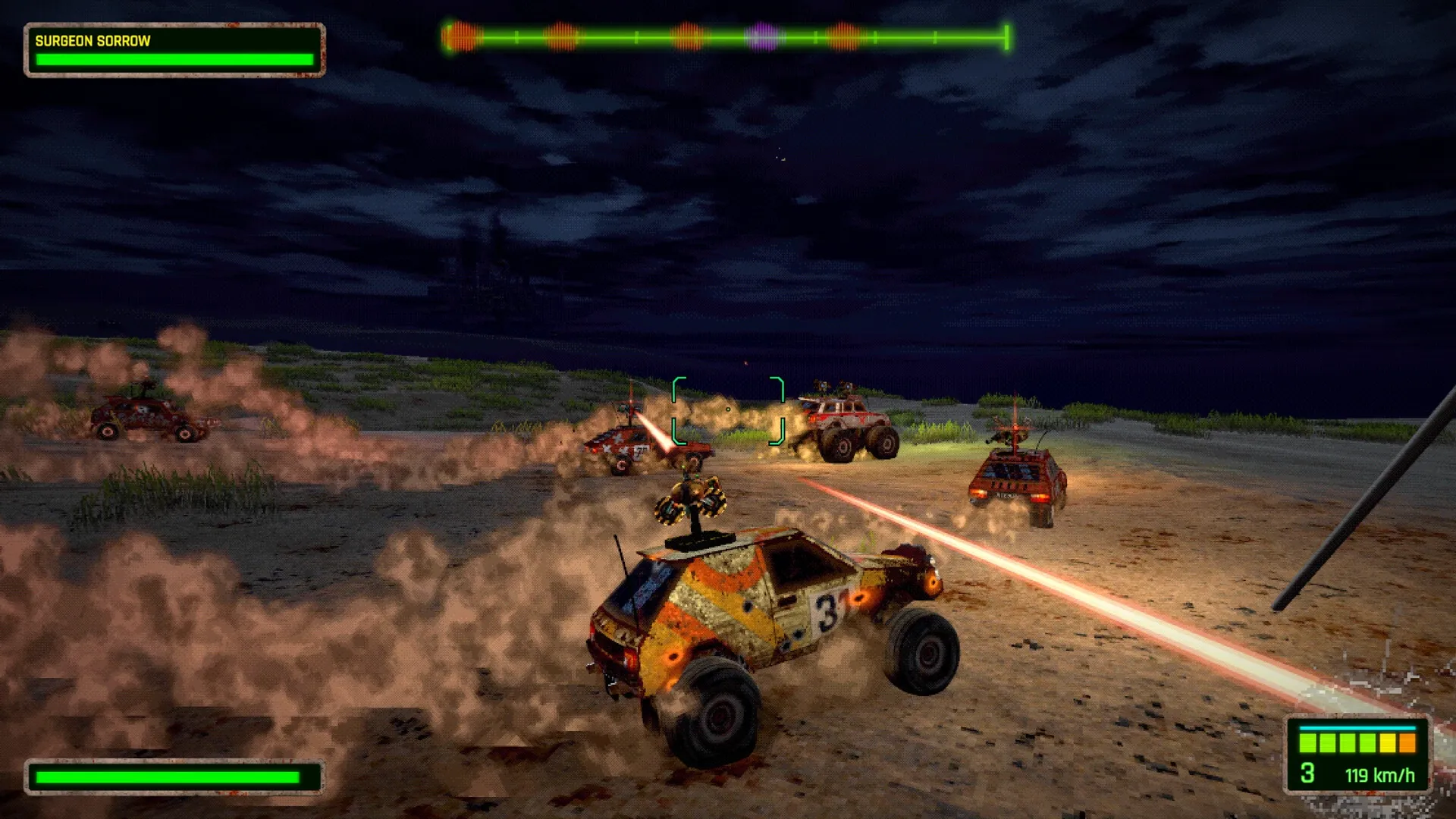 FUMES: Intense nighttime car battle with weaponized vehicles and health bars in desert wasteland.