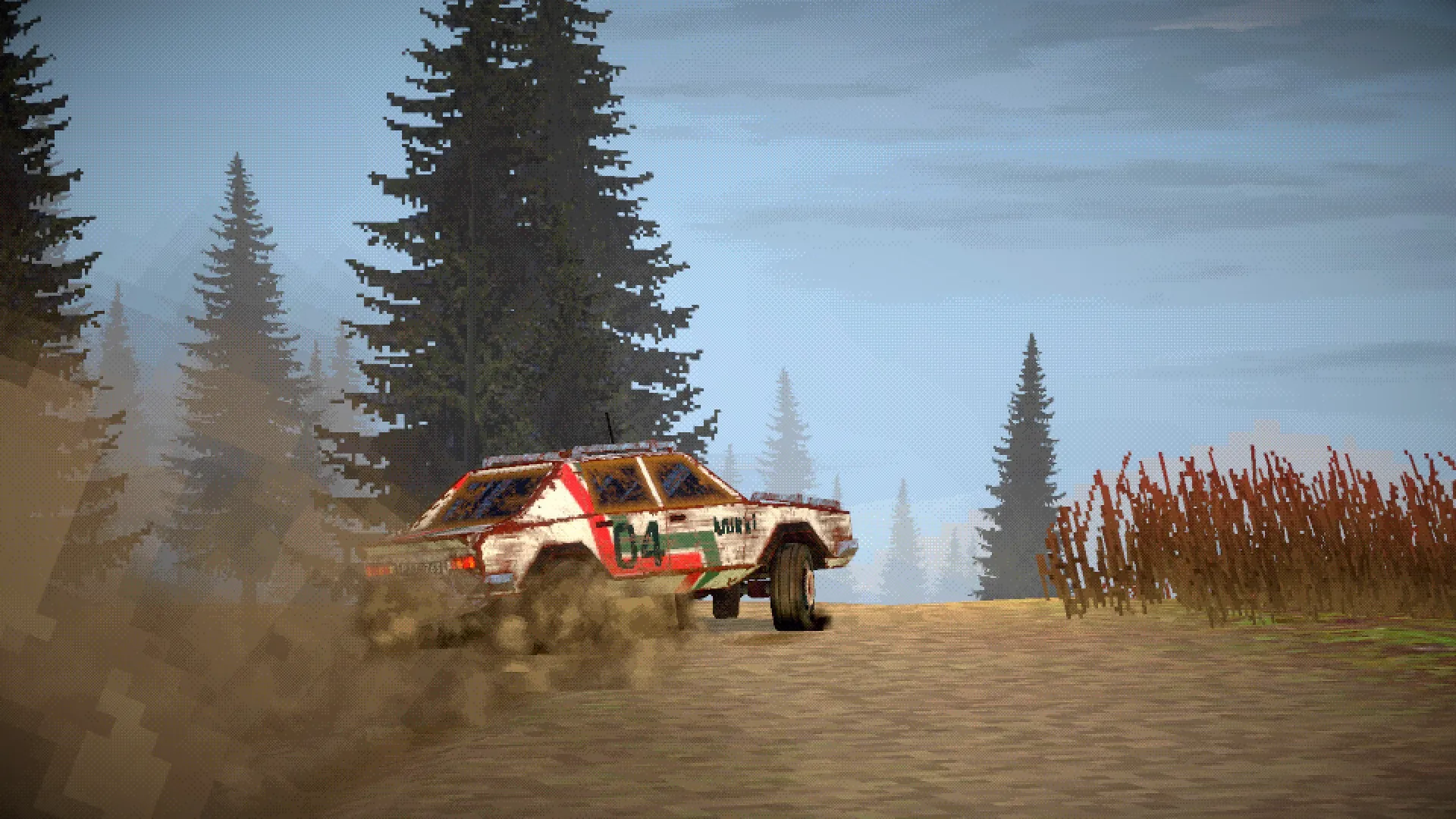 FUMES: Retro-styled car speeding through dusty forest road, leaving a trail of dirt and tire smoke.
