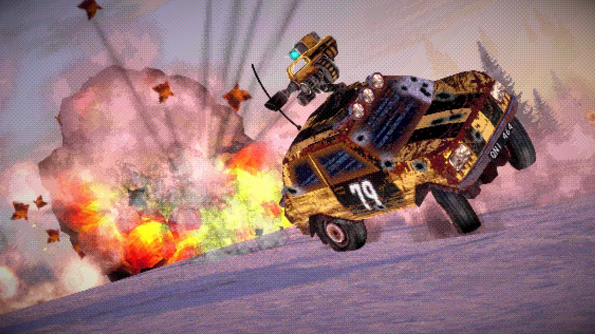 FUMES: Armored vehicle with turret dodging explosion on icy terrain in retro wasteland environment.