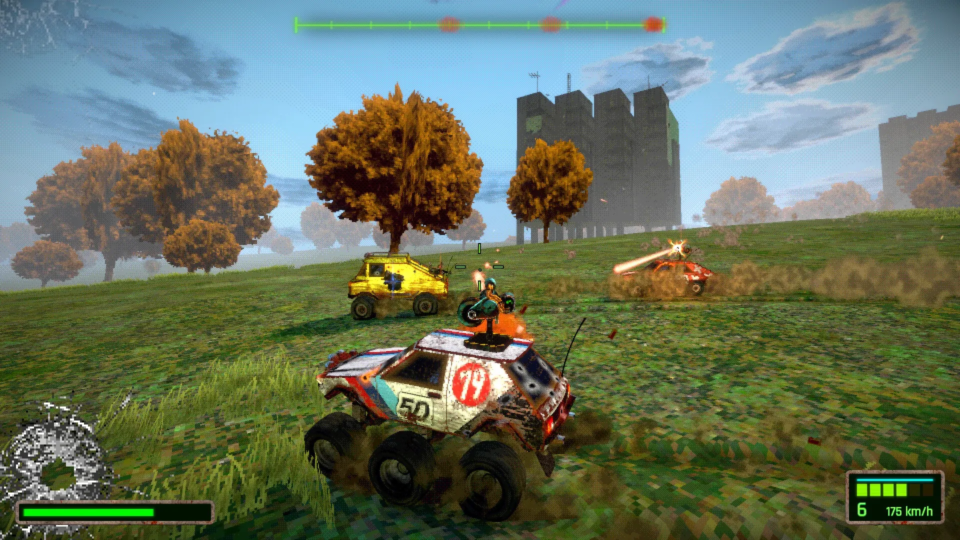 FUMES: Vehicle combat on grassy field with retro cars and weapon effects in vibrant autumn landscape