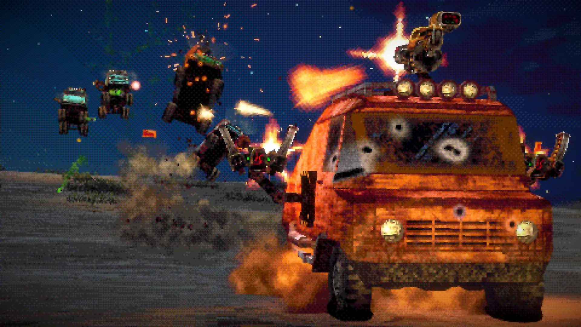 FUMES: Armored van firing weapons at flying enemy vehicles in desert wasteland battle scene