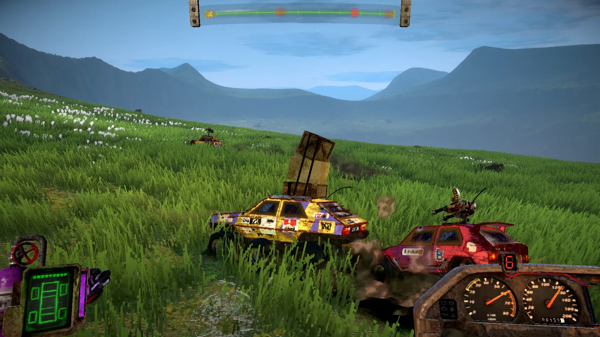 FUMES: Armed cars in combat on a grassy field with mountains in the background, speedometer visible